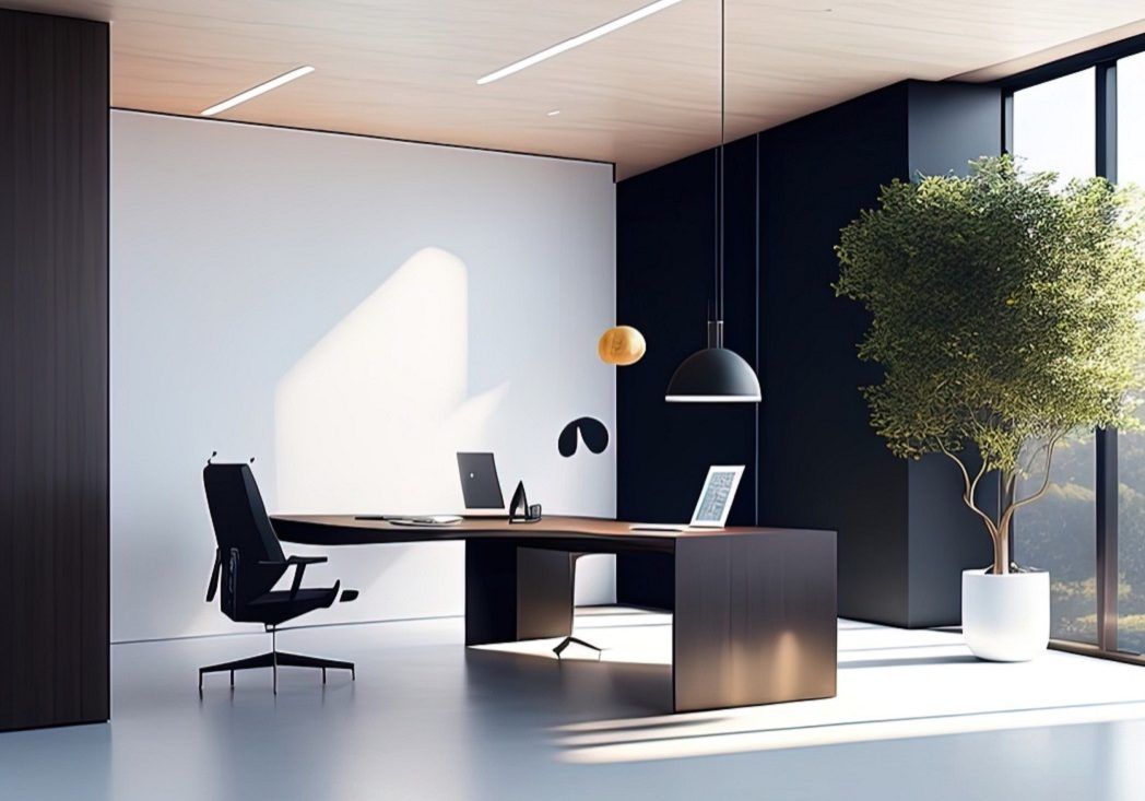 Interior of modern office with black and white walls, concrete floor, panoramic window and long wooden table with computer. 3d rendering